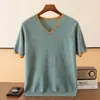 Nueva Moda de Verano 2022 Camiseta de Manga Corta de Seda de Hielo para Mujer, Cuello en V, Tejido Fino de Tencel, Top Holgado de Manga Corta con Bloques de Color para Hombre