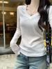 Camiseta básica informal de 230 g con tiras para mujer, primavera y otoño 2024, cuello en V, fina, moderna, ajustada, corta, de manga larga
