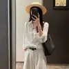 Conjunto TH Estilo Old Money Francés: Camisa casual de lino puro con cuello de punta y manga larga para mujer, protección solar, Primavera/Verano