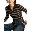 Tricô Outerwear Gola Polo Listrado Estilo Coreano para Mulheres Nicho Emagrecedor Versátil Camada Base Suéter Top para o Trabalho