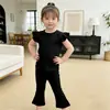 Doce Roupa Casual de Verão Estilo Coreano para Bebês Meninas, Blusa de Manga Curta com Manga Flare e Calça Flare, Venda por Atacado Disponível