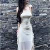 Vestido Suspensório Fenda Estilo Pura Luxúria Feminino Verão Francês Novo Estilo Cintura Plissada Malha Irregular Sem Mangas Saia Longa