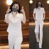 Traje Elegante e Moderno Feminino de Verão Estilo Coreano Gola Polo Slim Fit Emagrecedor Manga Curta Calça Wide Leg Conjunto Casual de Duas Peças