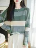 Suéter Listrado Color Block de Gola Redonda Feminino Tricô Listrado Colorido Retrô Manga Longa Slimming Camada Base Primavera e Outono