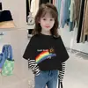 Camiseta de manga larga a rayas de bloques de color para niñas, algodón puro, primavera y otoño, para niños mayores, estilo coreano, camiseta base casual a la moda, camiseta holgada de moda