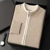 Suéter de cashmere luxuoso, pesado, de quatro fios, para homens, jaqueta de malha casual para o trabalho com color-blocking e cardigã de gola alta