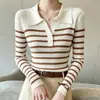 Nuevo Suéter de Punto Andy de Terciopelo con Cuello Polo de Manga Larga para Mujer Bloque de Color Rayas Ajustado Camisa Base Otoño/Invierno 2026