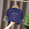 G2330# camisa de manga comprida para meninos e meninas estilo western primavera e outono nova infantil desenho animado fofo gola redonda jaqueta falsa de duas peças moda
