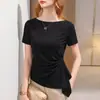 Nueva camiseta de manga corta para mujer 2026, verano, hombro normal, corte ajustado, cintura fruncida, escote Bardot, top de alta gama, en stock