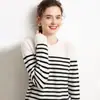 Suéter de Cashmere para Mulheres, Gola Redonda Solta, Estilo Curto Listrado, Suéter de Malha de Manga Longa para Usar por Baixo ou por Cima, Novo Estilo Outono e Inverno