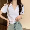 Algodón Blanco Polo Cuello Solapa Tejido Camiseta de Manga Corta de Verano para Mujer Estilo Francés Cuello en V Corta Top Versátil para Mujer