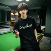 Camiseta masculina de verão de algodão puro com bordado de letras de manga curta, estilosa e sofisticada, camisa masculina americana cleanfit de meia manga