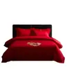 Conjunto de Quatro Peças Bordado 100% Algodão Vermelho para Casamento, Algodão de Fibra Longa, Jogo de Cama para Dote, Fronha, Lençol, Roupa de Cama, Conjunto Auspicioso de Casamento com Dragão e Fênix