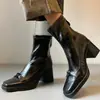Botas de tornozelo de couro estilo francês com bico quadrado e salto alto para mulheres, novas botas Martin pretas de salto grosso para outono e inverno, botas elásticas de ajuste justo