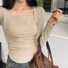 Primavera Otoño e Invierno Top Niche Ajustado Irregular de Manga Larga con Cuello Cuadrado de Alta Gama para Mujer Camiseta Básica Cálida de Forro Polar