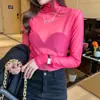 2023 Nuevo Otoño e Invierno Camiseta Básica de Malla Transparente de Cuello Alto de una Sola Capa de Manga Larga para Mujer con Top de Camiseta Pulóver Delgado