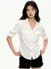Camisa Blanca de Manga Tres Cuartos con Cuello en V Besobr para Mujer, Estilo Old Money, Camisa Holgada Casual con Ceñidor en la Cintura