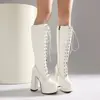 Botas longas sexy de salto alto, nova coleção outono/inverno 2026, estilo europeu e americano, bico redondo, cadarço frontal, plataforma impermeável, salto grosso, botas femininas