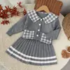 Conjunto de Suéter para Niña Estilo Universitario con Cuello a Cuadros, Falda de Punto, Nuevo Conjunto de Dos Piezas Moda Coreana Otoño-Invierno para Niñas
