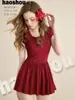 No. 161018 Traje de Baño para Adultos Estilo Nuevo Traje de Baño de una Pieza para Mujeres Verano Color Sólido Retro Cuello Redondo Ceñidor de Cintura Adelgazante