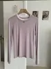 Camiseta de Manga Larga de Doble Capa con Costilla de Color Contrastante Ovalada Pequeña Decorativa Lyocell Tencel para Mujer 8514