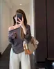 Suéter de punto a rayas de moda estilo coreano con hombros descubiertos y mangas acampanadas, suéter ajustado para mujer, nuevo de otoño/invierno H091715