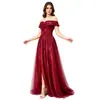 Venta al por mayor transfronteriza de vestidos de noche para mujer, vestido largo de malla con abertura y hombros descubiertos, atuendo para fiesta de graduación, dama de honor, actuación