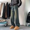 2025 Nuevos Jeans de Estilo Americano con Cintura Elástica para Hombre, Marca Trendy Pierna Ancha Primavera y Otoño Casual Sueltos Rectos Pantalones Largos