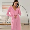 Nuevos Pijamas Casuales de Punto Jacquard de Primavera y Verano Europeos y Americanos, Cárdigan de Manga Larga, Pantalones, Transpirables, Conjunto de Dos Piezas para Mujer, Ropa de Casa