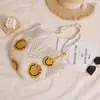 Bolsa de Paja de Hombro Único con Cara Sonriente Linda Estilo Nuevo Casual Tejida con Hilo de Algodón Hueco Bolsa de Playa para Vacaciones en la Costa