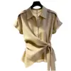 Elegante camisa con cinturón 2026 verano manga corta cuello camisero corte entallado top elegante para ir al trabajo y uso versátil para mujer