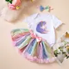 Ropa Infantil al por Mayor Transfronteriza Conjunto de Fiesta de Cumpleaños para Bebé Niña Mameluco de Unicornio Falda Arcoíris Diadema Moderno