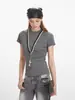 HeyHenry Sencilla Camiseta de Hombro Ajustada Adelgazante Cintura Ceñida Verano Nuevo Elegante Color Sólido Manga Corta Cuello Redondo Top