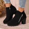 2026 Nuevas Botas de Tobillo con Cremallera Transfronteriza y Tacón Grueso Moda Estampado de Leopardo Color Talla Grande Zapatos para Mujer Botas Retro de Punta para Mujer