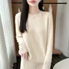 Suéter de Punto de Lana Pura con Encaje, Cuello Redondo, Mangas Largas y Puños de Ganchillo Calados, Top de Lana, Nuevo Otoño/Invierno 2026