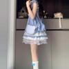 Vestido Xadrez Azul Estilo Francês para Meninas no Início do Verão 2025 Novo Manga Bufante Saia Princesa