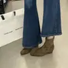 Botines de tobillo estilo francés de punta cuadrada, colección otoño/invierno, tacón bajo, ajuste ceñido, color marrón claro, tacón grueso, botines versátiles