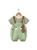 Overol a Rayas de Manga Corta para Niños Lindo Conjunto Bebé Nuevo Verano Dibujos Animados Casual Elegante Conjunto de Dos Piezas