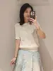 Camiseta de Algodón Puro Calada para Mujer 2026 Verano Nuevo Estilo Vacacional Cuello Redondo Decoración Floral Suéter de Punto para Todas las Estaciones