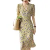 Vestido Floral de Seda para Mulheres, Vestido Longo de Seda de Amora de Alta Qualidade com Mangas Bufantes, Estilo Francês com Decote em V, Nova Moda de Verão Feminina 2026