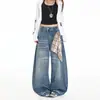 Jeans Anchos Lavados Azul Retro Americano Tela de Cuadros Lateral Colgante de Baja Cintura Sensación Perezosa y Caída Unisex