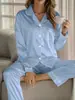 Pijama de Satín de Verano Transfronterizo Europeo y Americano, Cárdigan de Color Sólido con Solapa, Mangas Largas, Pantalones Largos, Superficie Lisa, Conjunto de Ropa de Casa para Mujer