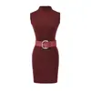 2026 Vestido Corto Ajustado Sexy de Algodón con Cuello Alto y Cinturón, Sin Mangas y de Manga Larga, Vestido Base Ajustado para Mujer, Otoño e Invierno