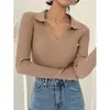 Nova moda outono V-neck polo malha t-shirt para mulheres, adequado para primavera e outono, estilo coreano, manga longa, slim-fit, top base de comprimento curto