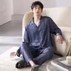Pijama masculino para primavera e outono, manga longa e calça longa, novo estilo de seda gelada, simples, casual, moderno, conjunto masculino de alta qualidade para casa