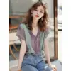 Camisa de gasa de manga corta a rayas con costuras en V francesa este año popular hermosa chic única hermosa top para mujer de verano