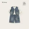 Ropa Infantil Bangxuan Temporada de Primavera Ropa para Niños Camiseta de Color Sólido Chaleco Bordado Conjunto Vaquero Infantil Conjunto de Tres Piezas para Niños