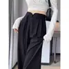 Calça de Terno Lisa com Botão e Zíper Cintura Alta Perna Larga para Mulheres Primavera e Verão Novo Estilo Calça Reta Plissada Fluida para Mulheres Transfronteiriça