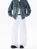 Calça Cargo Jeans Masculina Lavada com Bolsos Grandes e Costura Branca Estilo Americano Tendência Solta Casual Calças Retas de Perna Larga