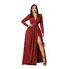 Nuevo vestido de noche largo elegante con cuello en V, manga larga y abertura, estilo europeo y americano, comercio exterior transfronterizo, para mujer